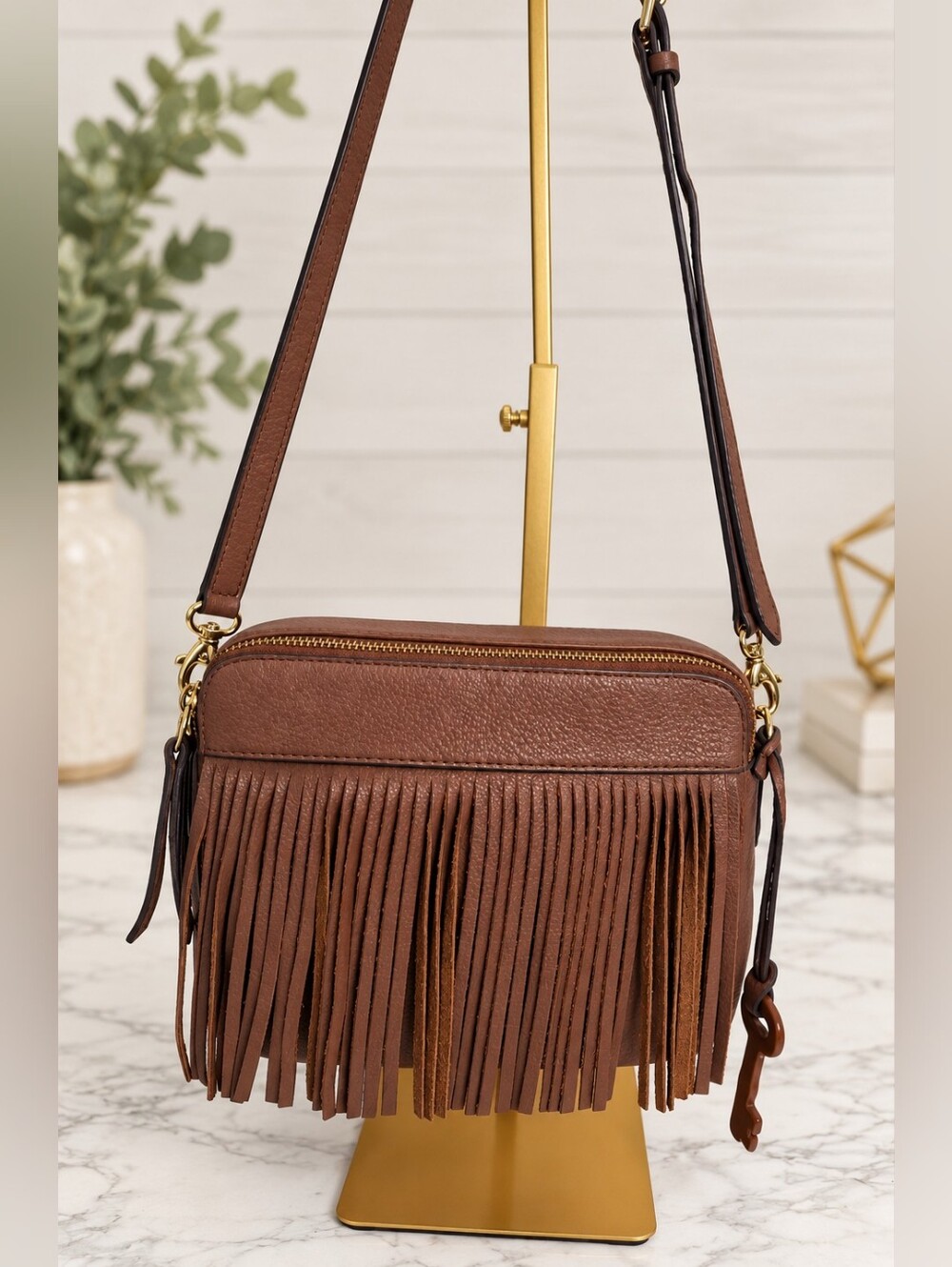 Fossil Sydney Brown Leather Fringe Crossbody Bag EUC